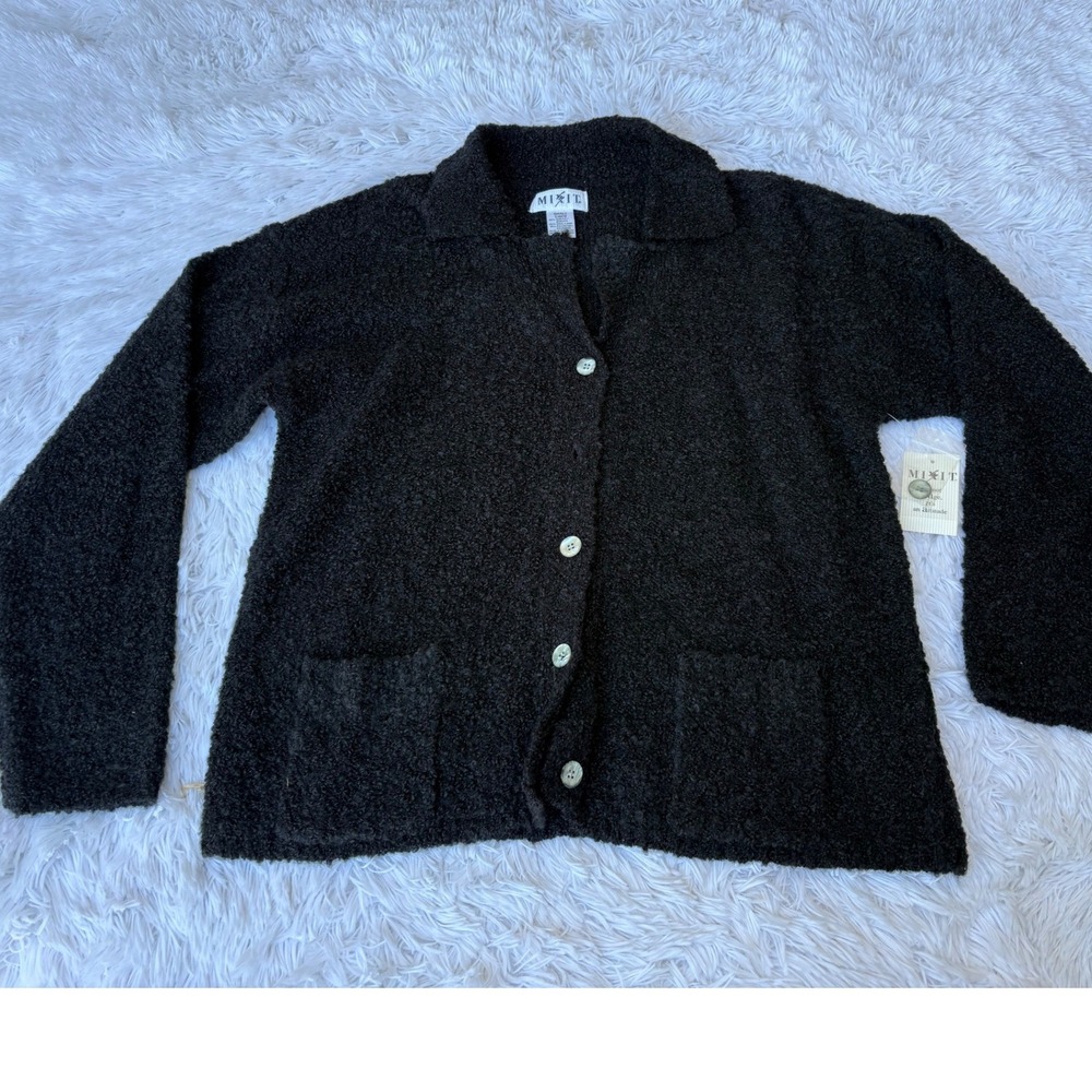 Vintage 90s Boucle Cardigan Sweater Womens Small Charcoal Wool Blend NWT